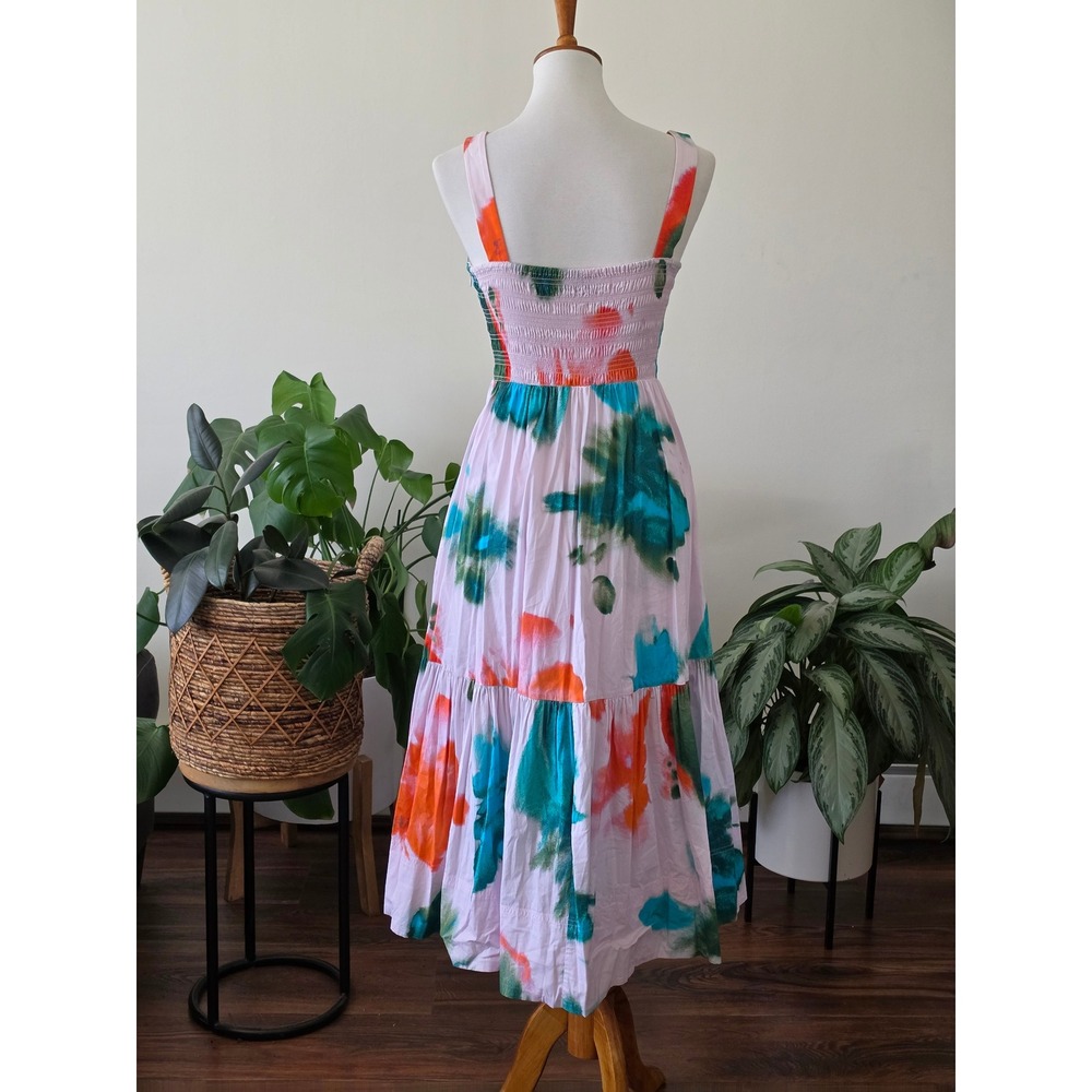 Tanya Taylor Pink Abstract Tie Dye Smocked Tiered Midi Dress Womens 2 - Picture 3 of 16